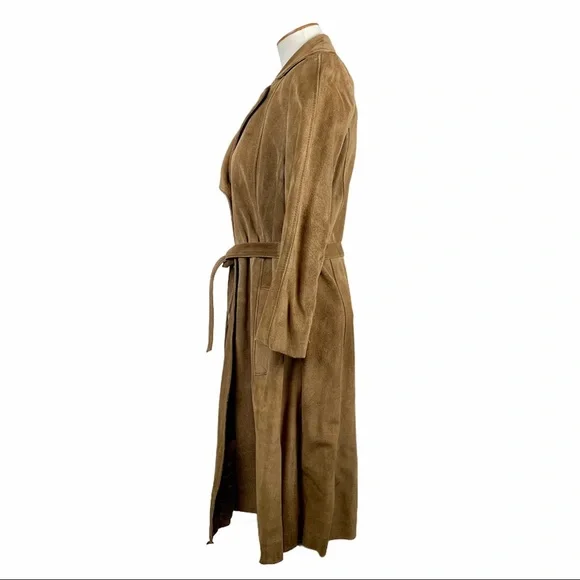 70s Suede Belted Trench Coat Double Breasted Brown Womens Medium